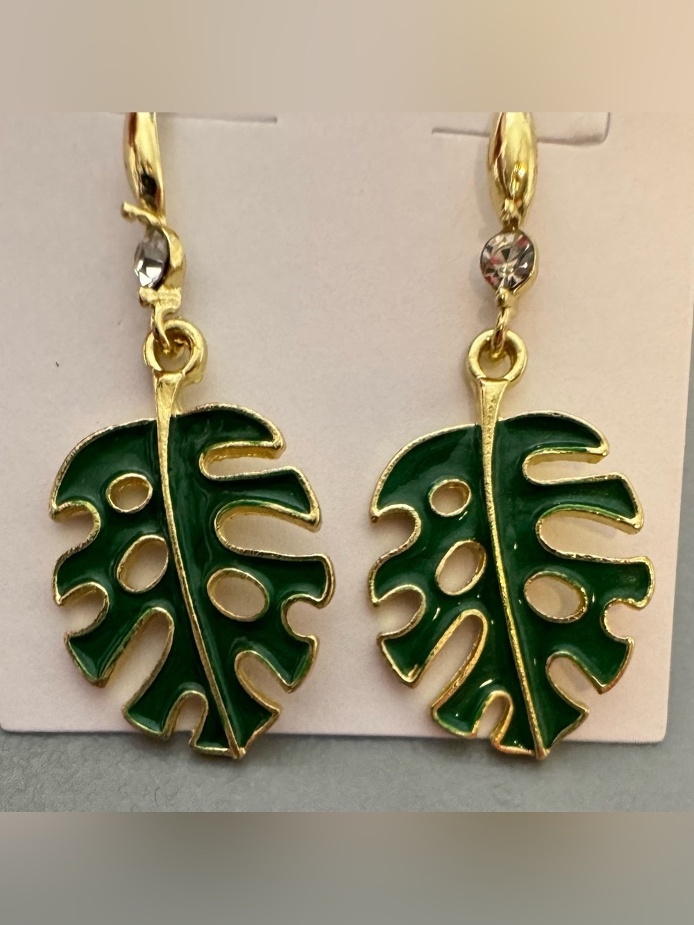 Gold-Tone Green Monstera Leaf palm tree summer vacation Drop Earrings